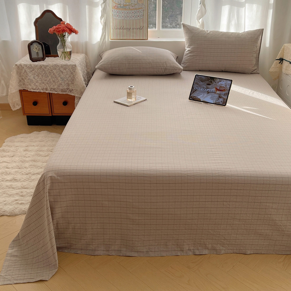 91家纺网 家纺一手货源 找家纺 六巷胡同 2026新款A类全棉纯棉水洗棉色织格子单品床单 床单单件 逐风-灰格