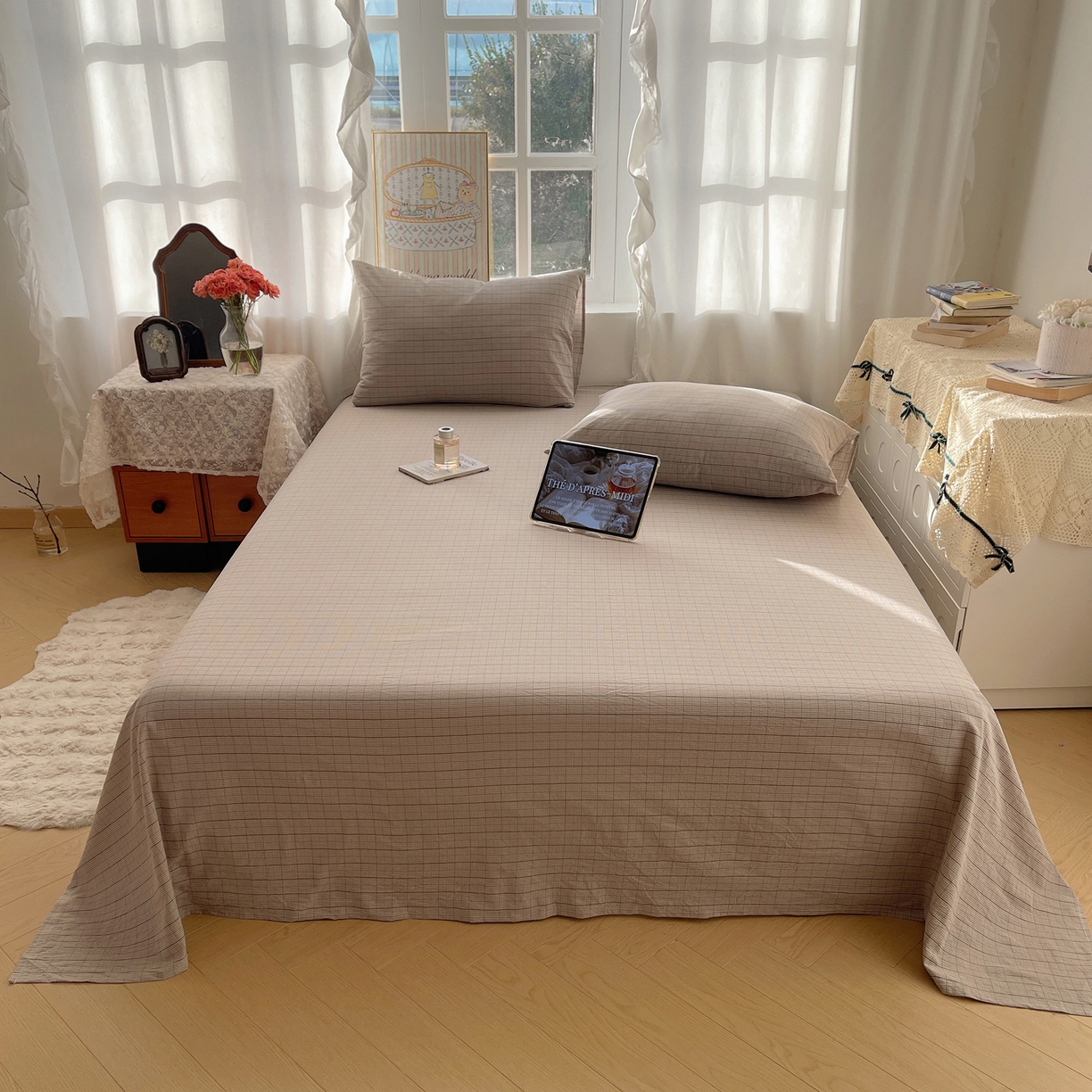 91家纺网 家纺一手货源 找家纺 六巷胡同 2026新款A类全棉纯棉水洗棉色织格子单品床单 床单单件 逐风-灰格