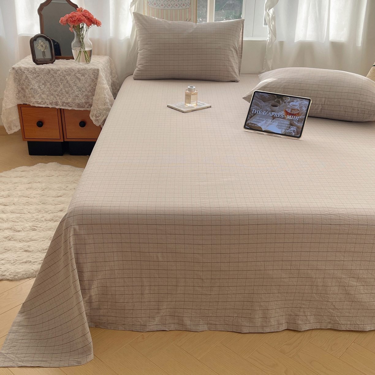 91家纺网 家纺一手货源 找家纺 六巷胡同 2026新款A类全棉纯棉水洗棉色织格子单品床单 床单单件 逐风-灰格