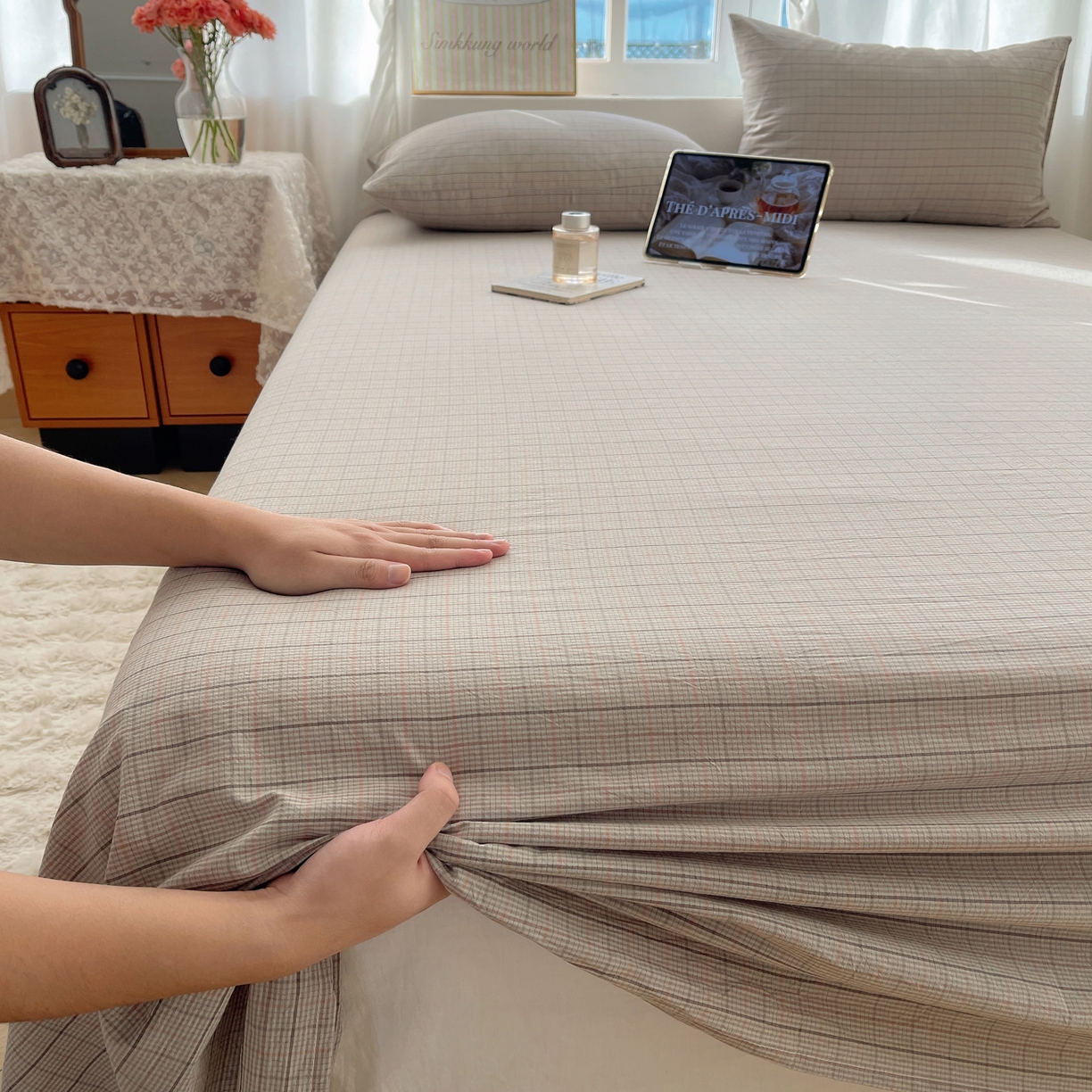 91家纺网 家纺一手货源 找家纺 六巷胡同 2026新款A类全棉纯棉水洗棉色织格子单品床单 床单单件 逐风-灰格