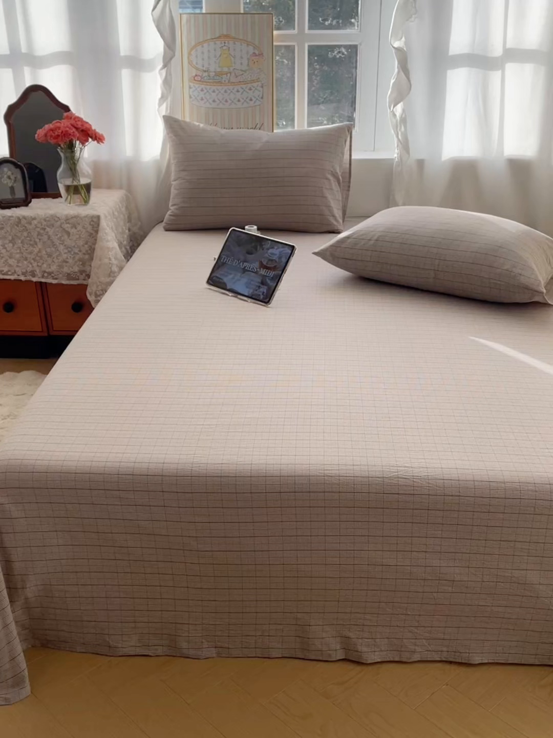 91家纺网 家纺一手货源 找家纺 六巷胡同 2026新款A类全棉纯棉水洗棉色织格子单品床单 床单单件 逐风-灰格