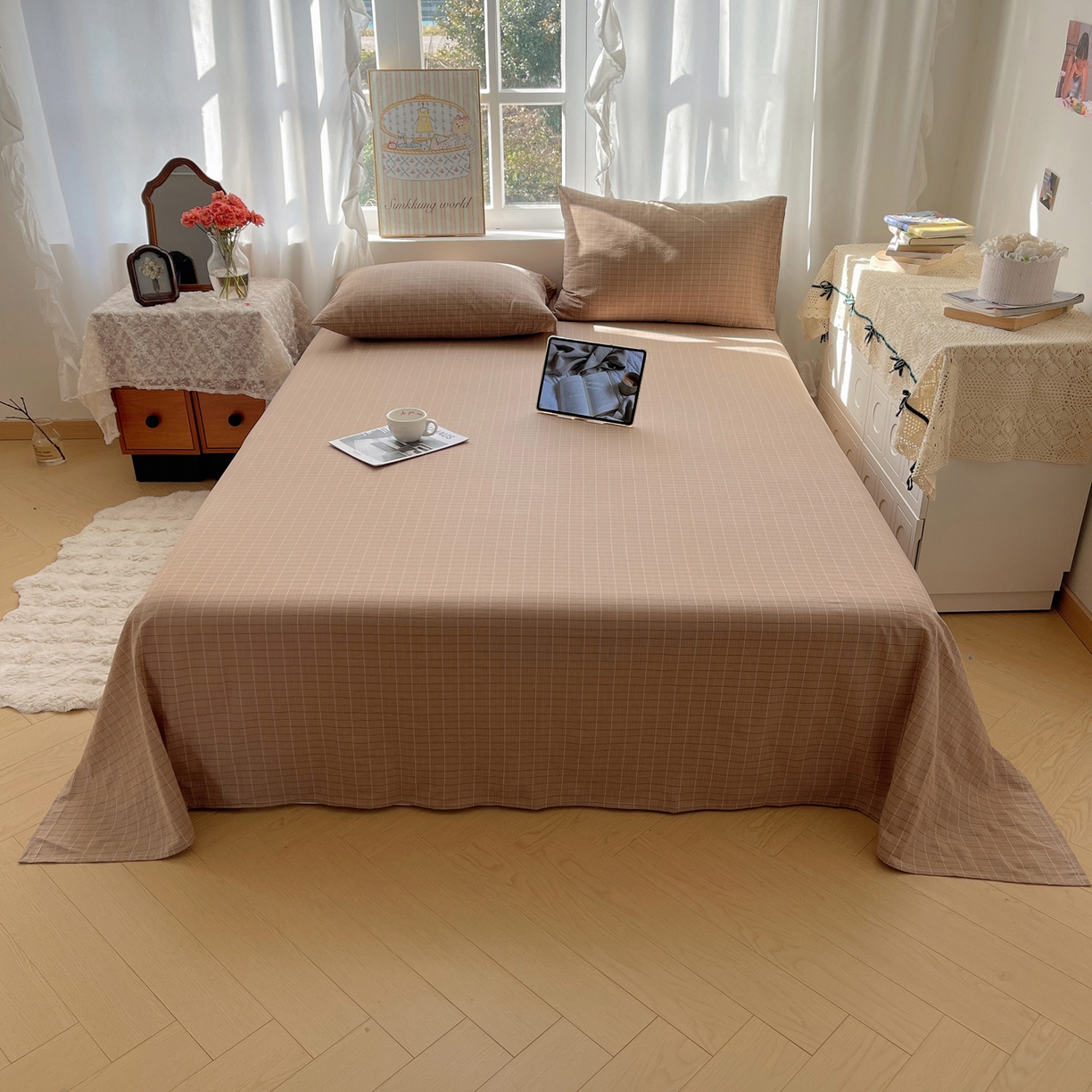 91家纺网 家纺一手货源 找家纺 六巷胡同 2026新款A类全棉纯棉水洗棉色织格子单品床单 床单单件 逐风-咖格