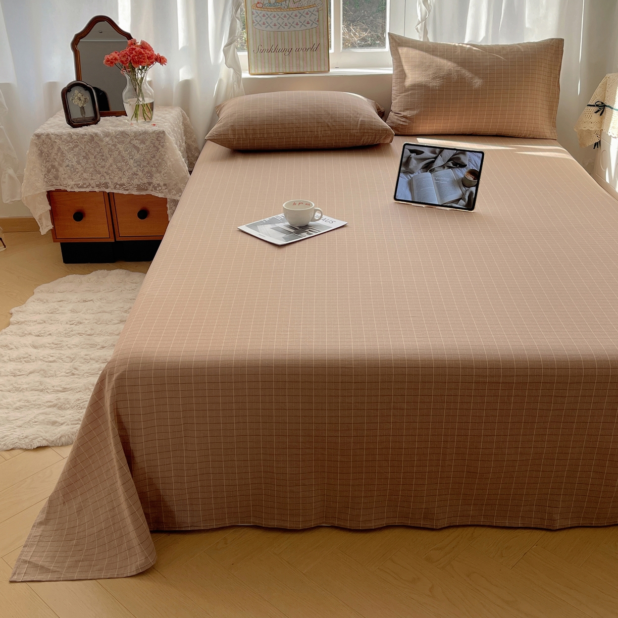 91家纺网 家纺一手货源 找家纺 六巷胡同 2026新款A类全棉纯棉水洗棉色织格子单品床单 床单单件 逐风-咖格