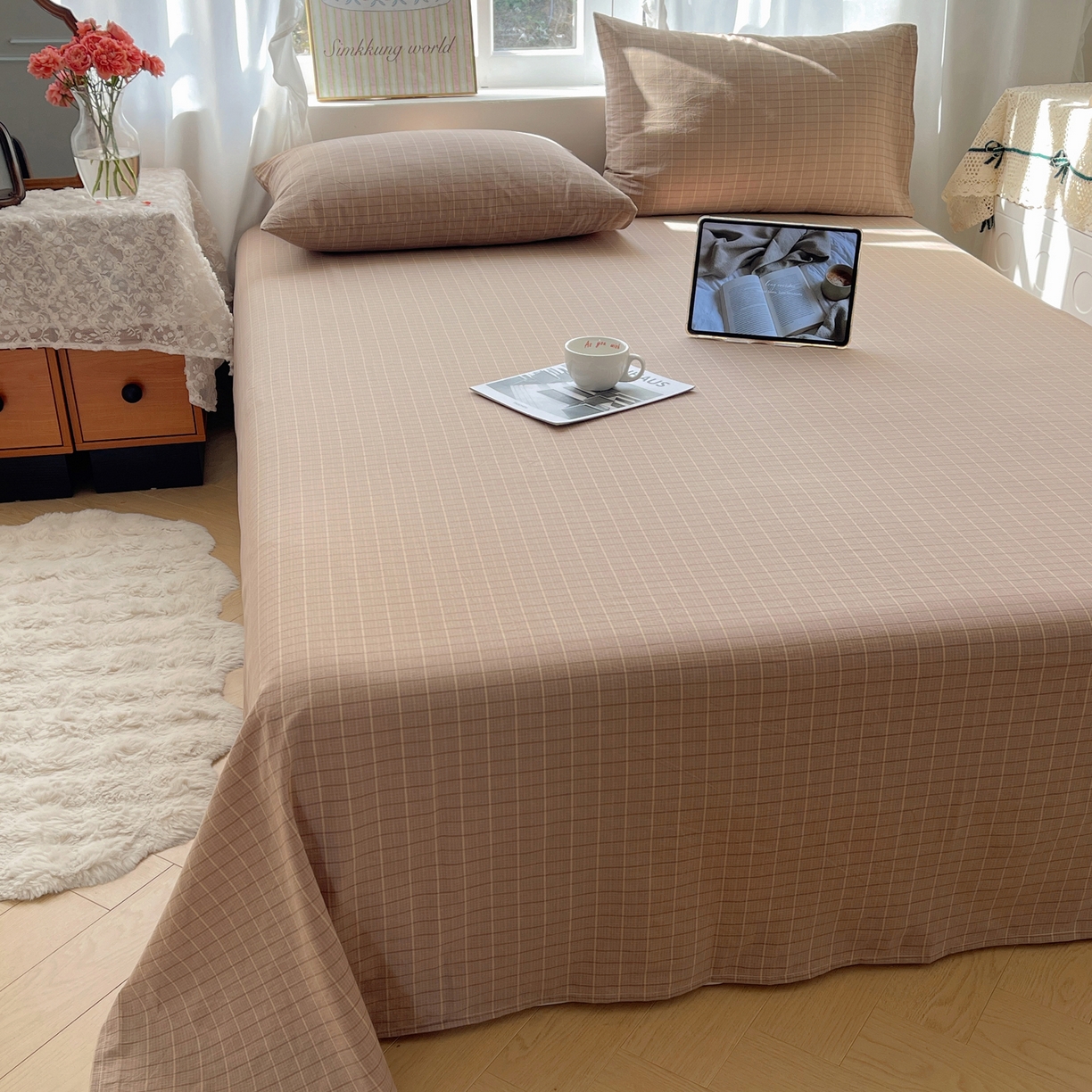 91家纺网 家纺一手货源 找家纺 六巷胡同 2026新款A类全棉纯棉水洗棉色织格子单品床单 床单单件 逐风-咖格