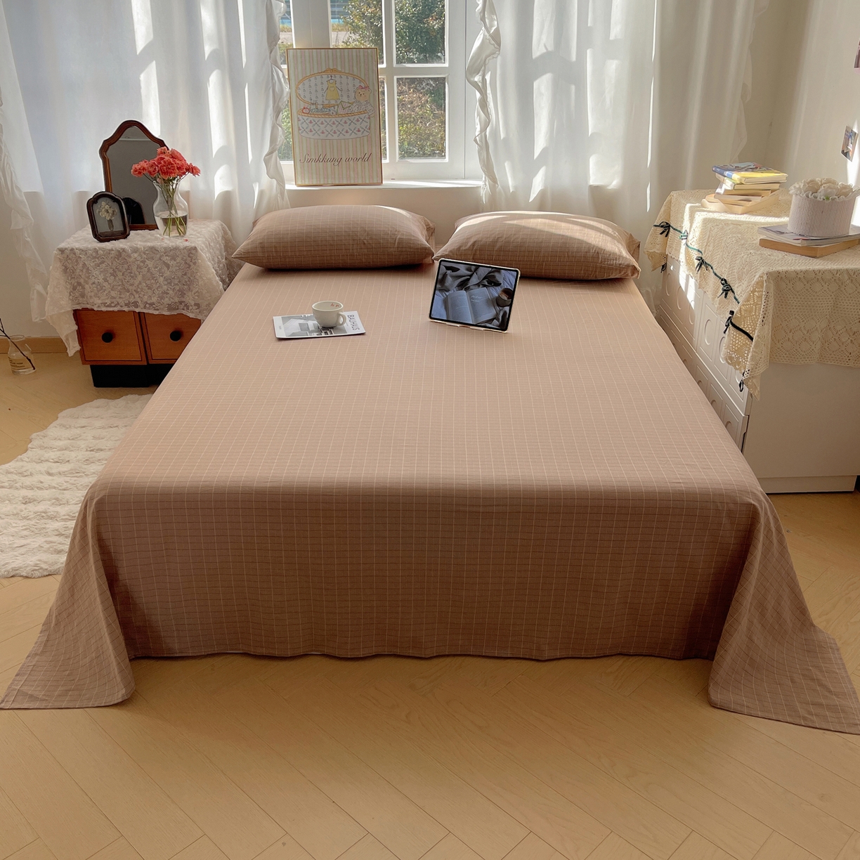 91家纺网 家纺一手货源 找家纺 六巷胡同 2026新款A类全棉纯棉水洗棉色织格子单品床单 床单单件 逐风-咖格