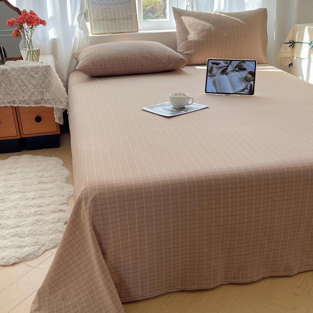 91家纺网 家纺一手货源 找家纺 六巷胡同 2026新款A类全棉纯棉水洗棉色织格子单品床单 床单单件 逐风-咖格