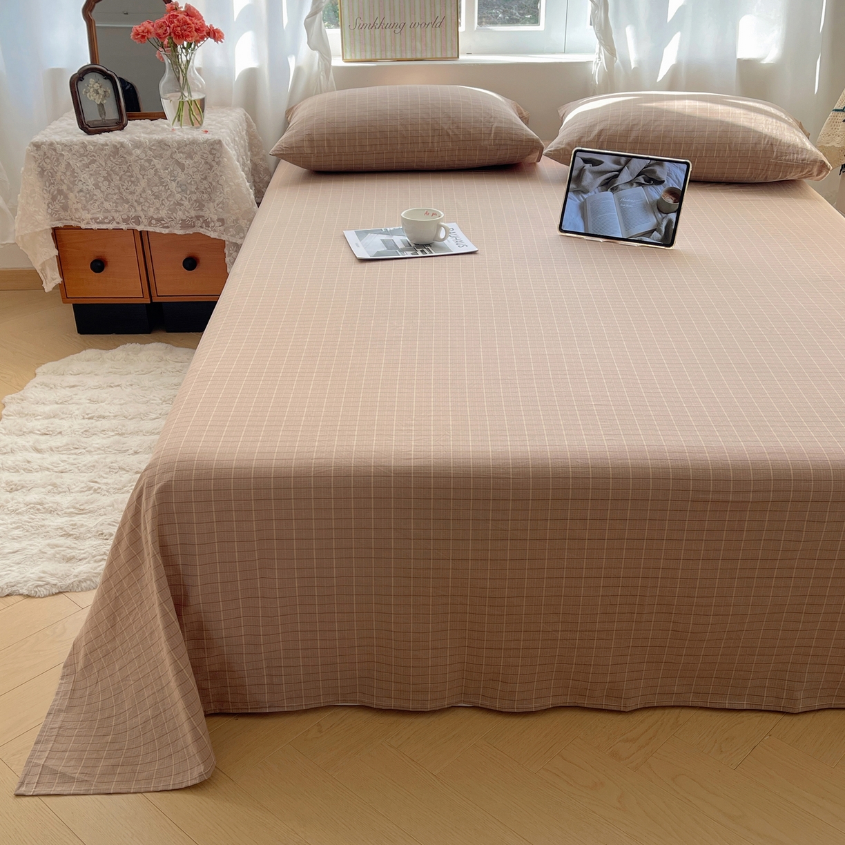 91家纺网 家纺一手货源 找家纺 六巷胡同 2026新款A类全棉纯棉水洗棉色织格子单品床单 床单单件 逐风-咖格