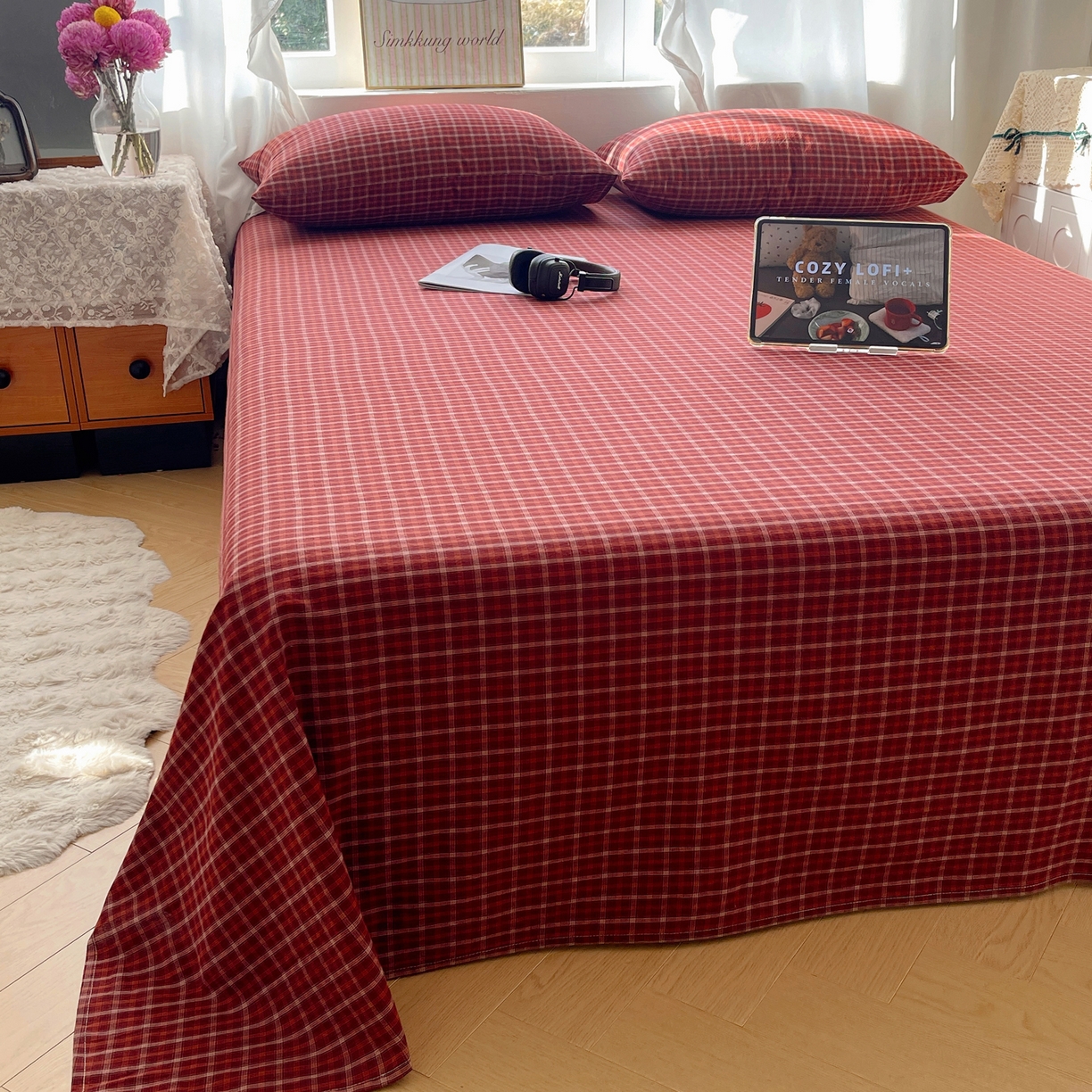 六巷胡同 2026新款A类全棉纯棉水洗棉色织格子单品床单 床单单件 追光-红格