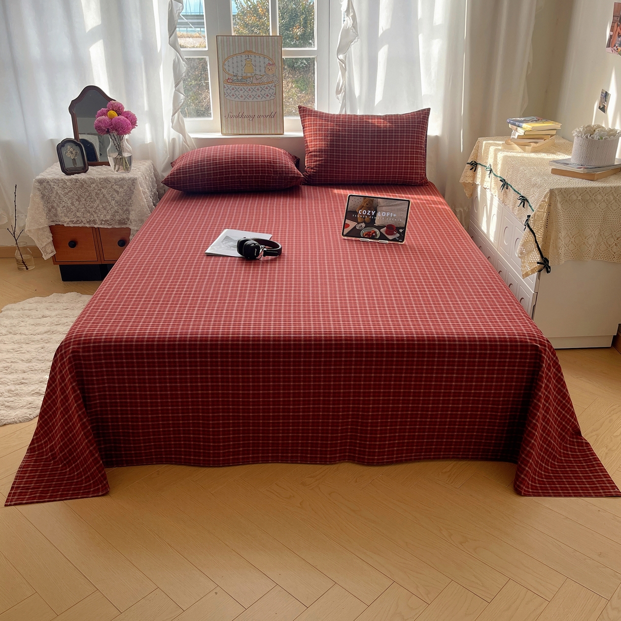 91家纺网 家纺一手货源 找家纺 六巷胡同 2026新款A类全棉纯棉水洗棉色织格子单品床单 床单单件 追光-红格