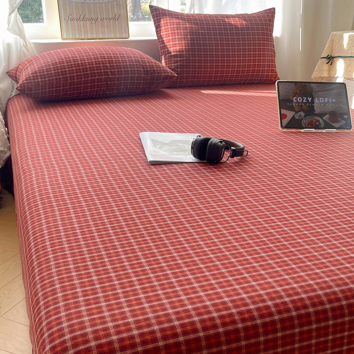 91家纺网 家纺一手货源 找家纺 六巷胡同 2026新款A类全棉纯棉水洗棉色织格子单品床单 床单单件 追光-红格