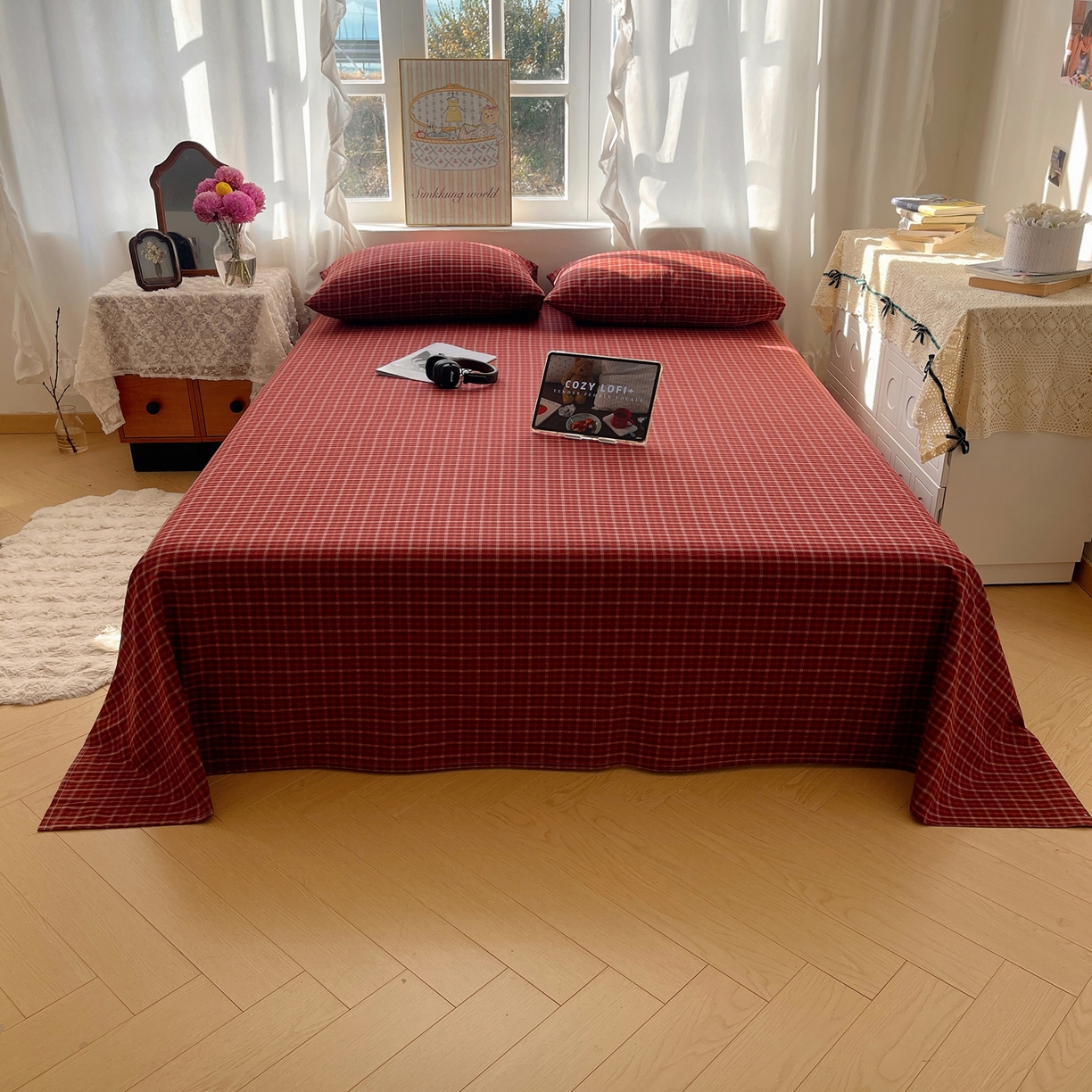 91家纺网 家纺一手货源 找家纺 六巷胡同 2026新款A类全棉纯棉水洗棉色织格子单品床单 床单单件 追光-红格