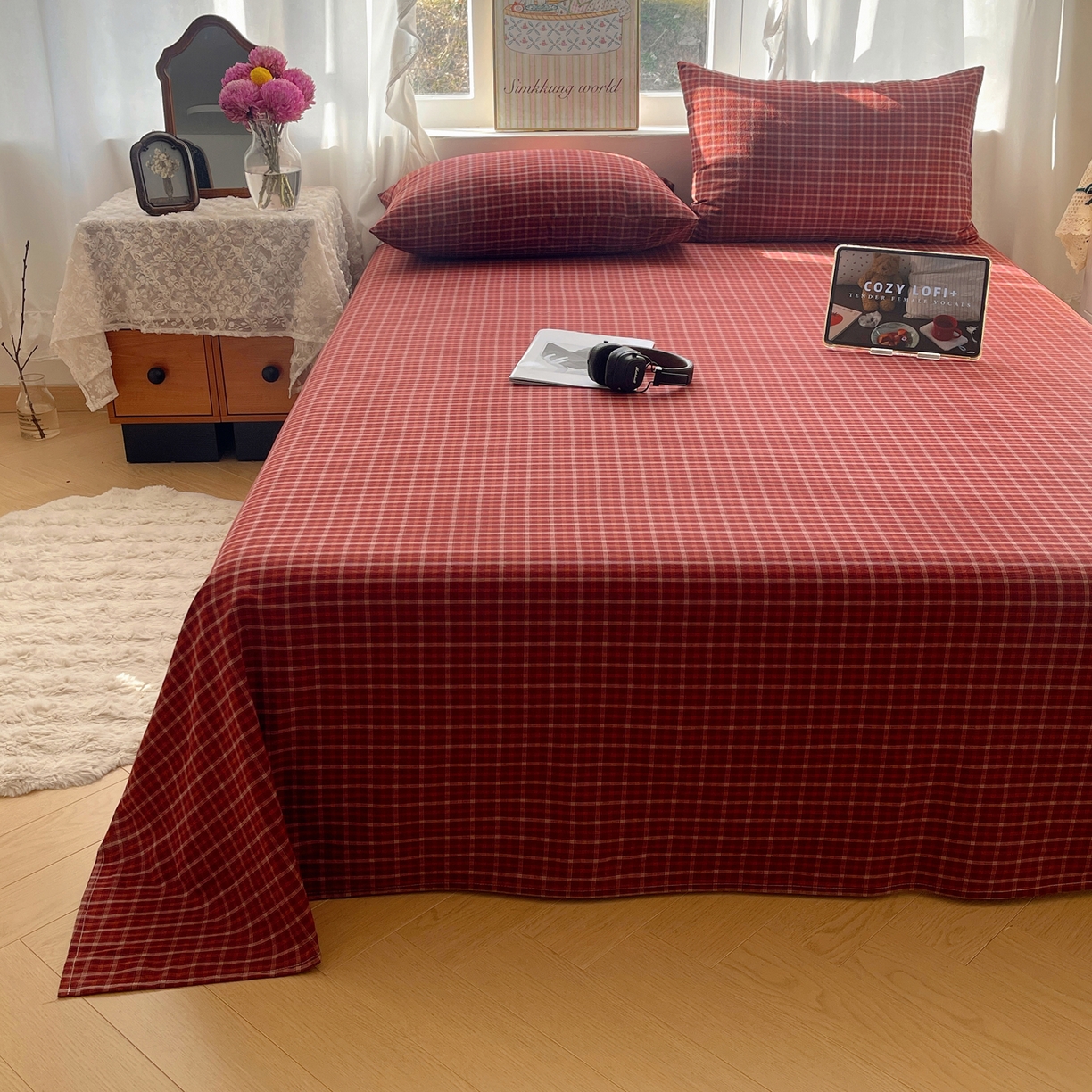 91家纺网 家纺一手货源 找家纺 六巷胡同 2026新款A类全棉纯棉水洗棉色织格子单品床单 床单单件 追光-红格