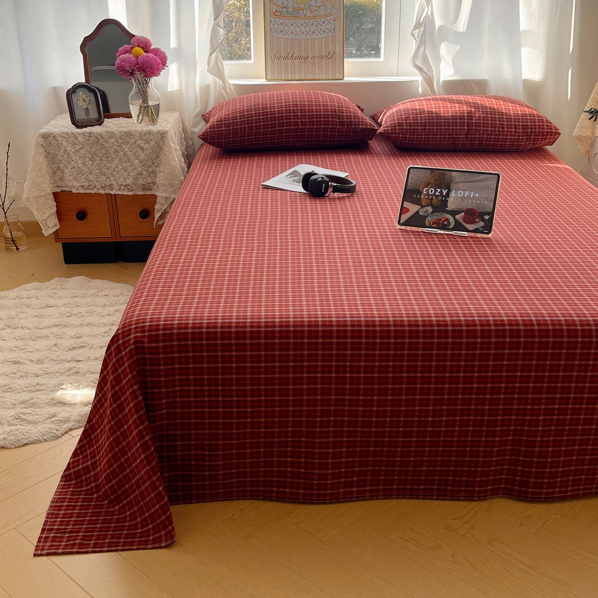 91家纺网 家纺一手货源 找家纺 六巷胡同 2026新款A类全棉纯棉水洗棉色织格子单品床单 床单单件 追光-红格