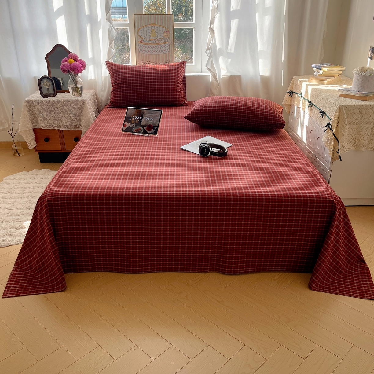 91家纺网 家纺一手货源 找家纺 六巷胡同 2026新款A类全棉纯棉水洗棉色织格子单品床单 床单单件 追光-红格