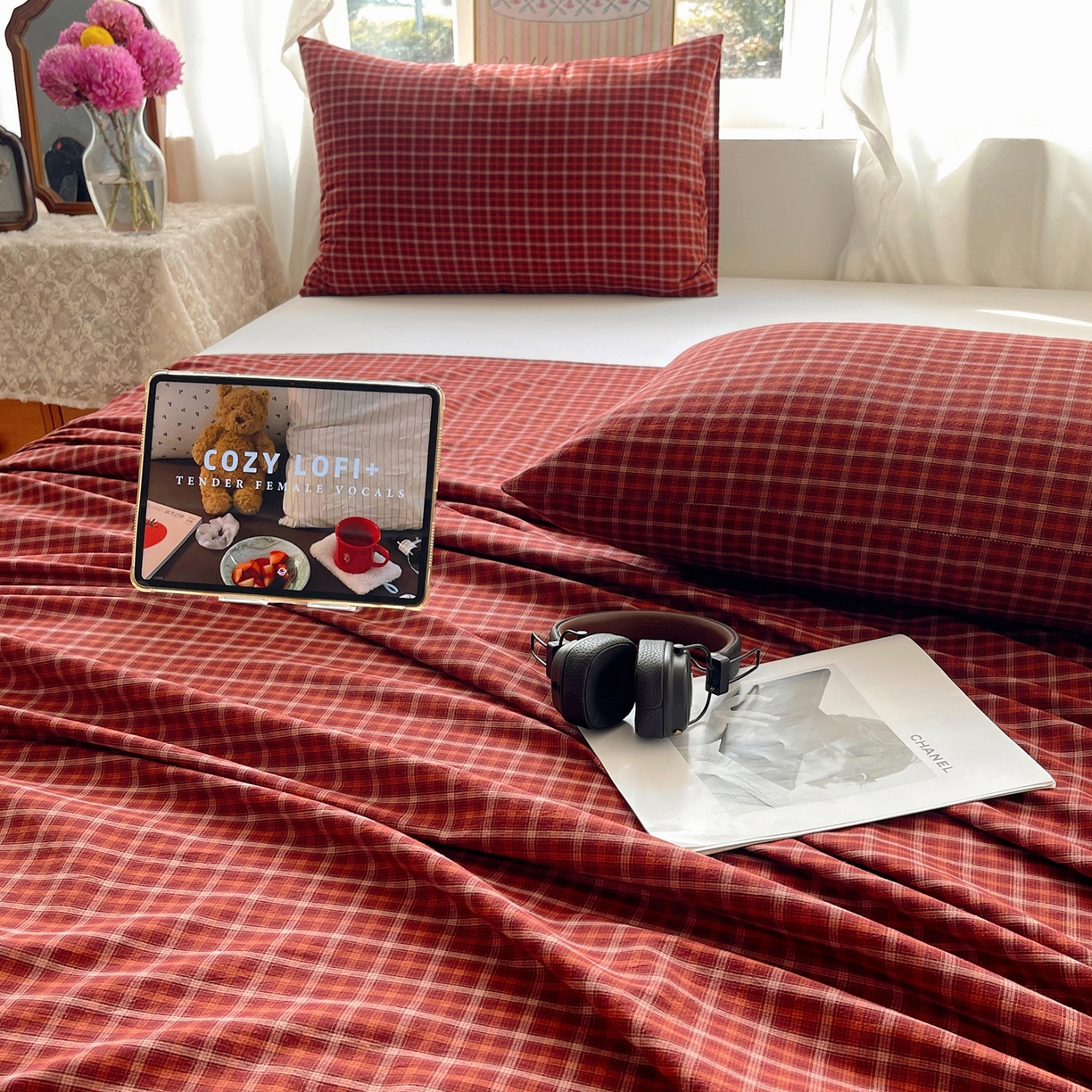 91家纺网 家纺一手货源 找家纺 六巷胡同 2026新款A类全棉纯棉水洗棉色织格子单品床单 床单单件 追光-红格