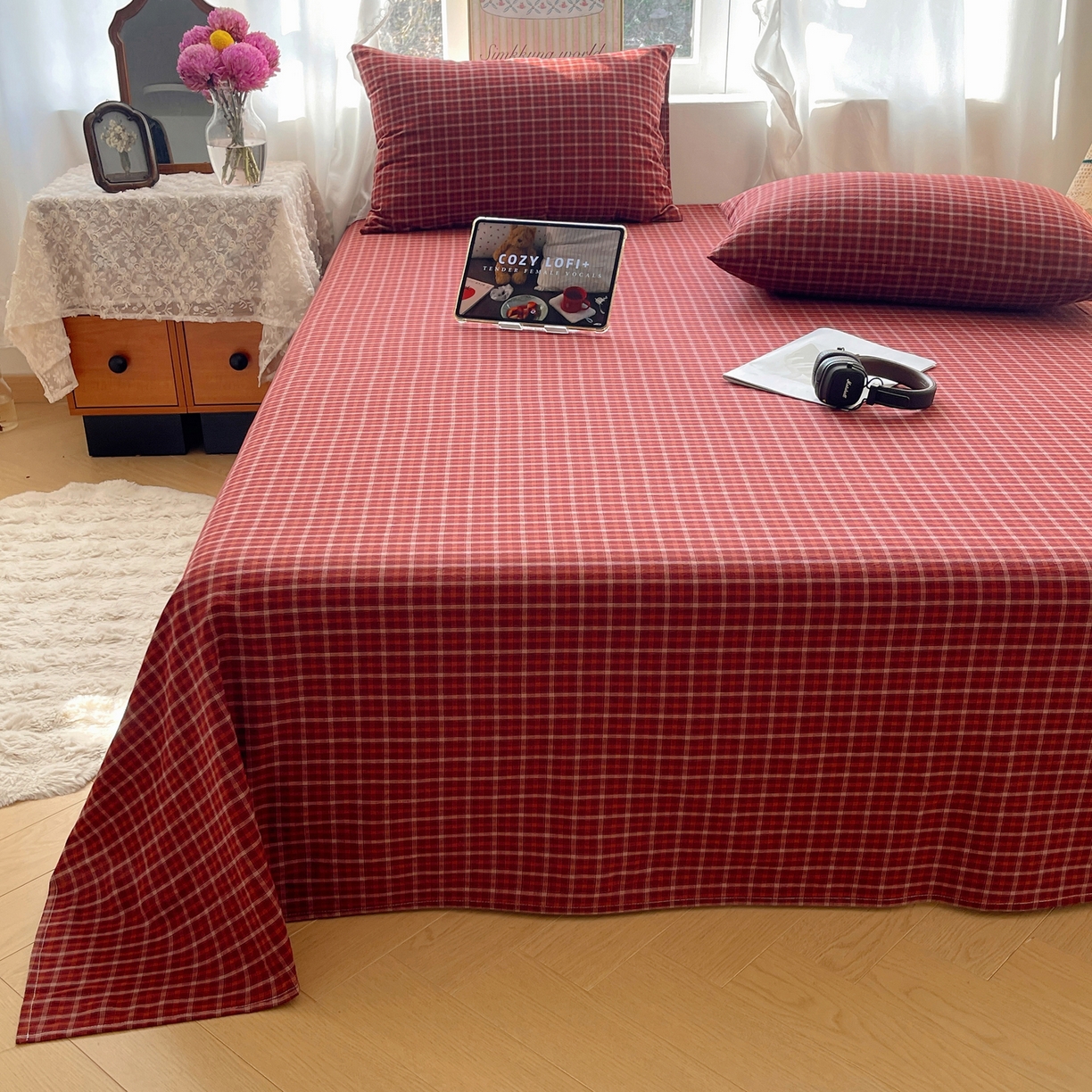 91家纺网 家纺一手货源 找家纺 六巷胡同 2026新款A类全棉纯棉水洗棉色织格子单品床单 床单单件 追光-红格