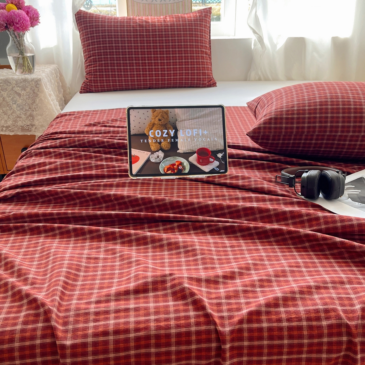 91家纺网 家纺一手货源 找家纺 六巷胡同 2026新款A类全棉纯棉水洗棉色织格子单品床单 床单单件 追光-红格