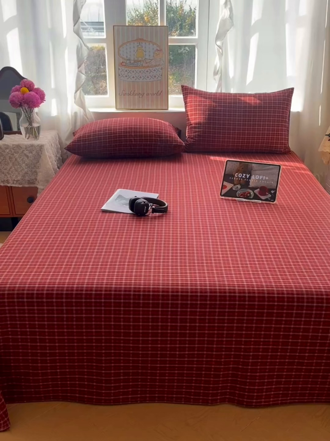 91家纺网 家纺一手货源 找家纺 六巷胡同 2026新款A类全棉纯棉水洗棉色织格子单品床单 床单单件 追光-红格