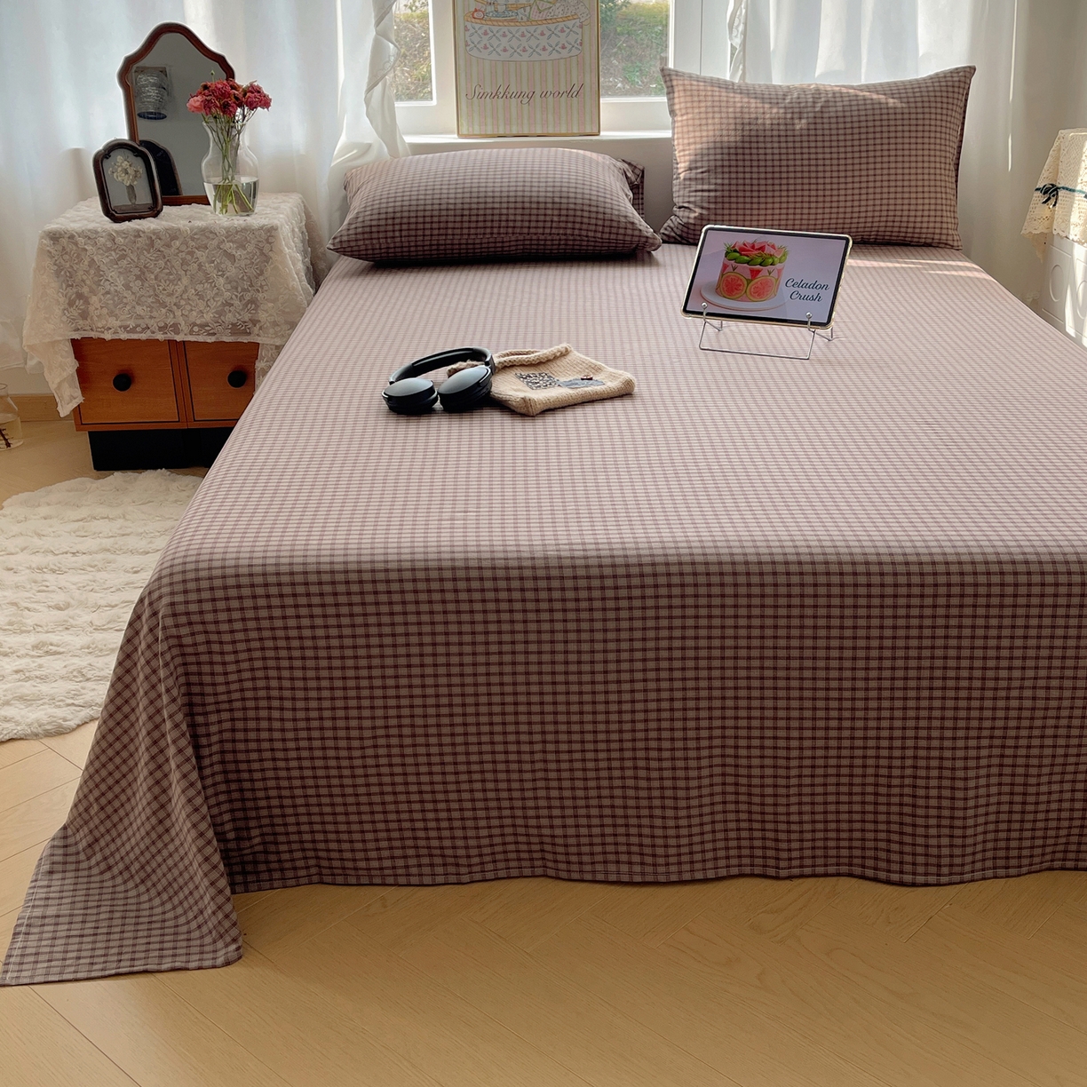 91家纺网 家纺一手货源 找家纺 六巷胡同 2026新款A类全棉纯棉水洗棉色织格子单品床单 床单单件 追光-米格