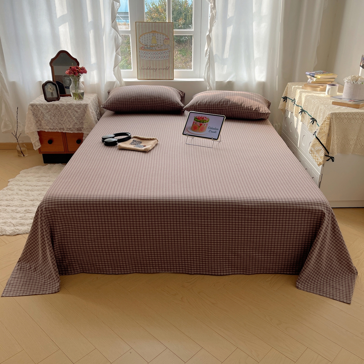 91家纺网 家纺一手货源 找家纺 六巷胡同 2026新款A类全棉纯棉水洗棉色织格子单品床单 床单单件 追光-米格