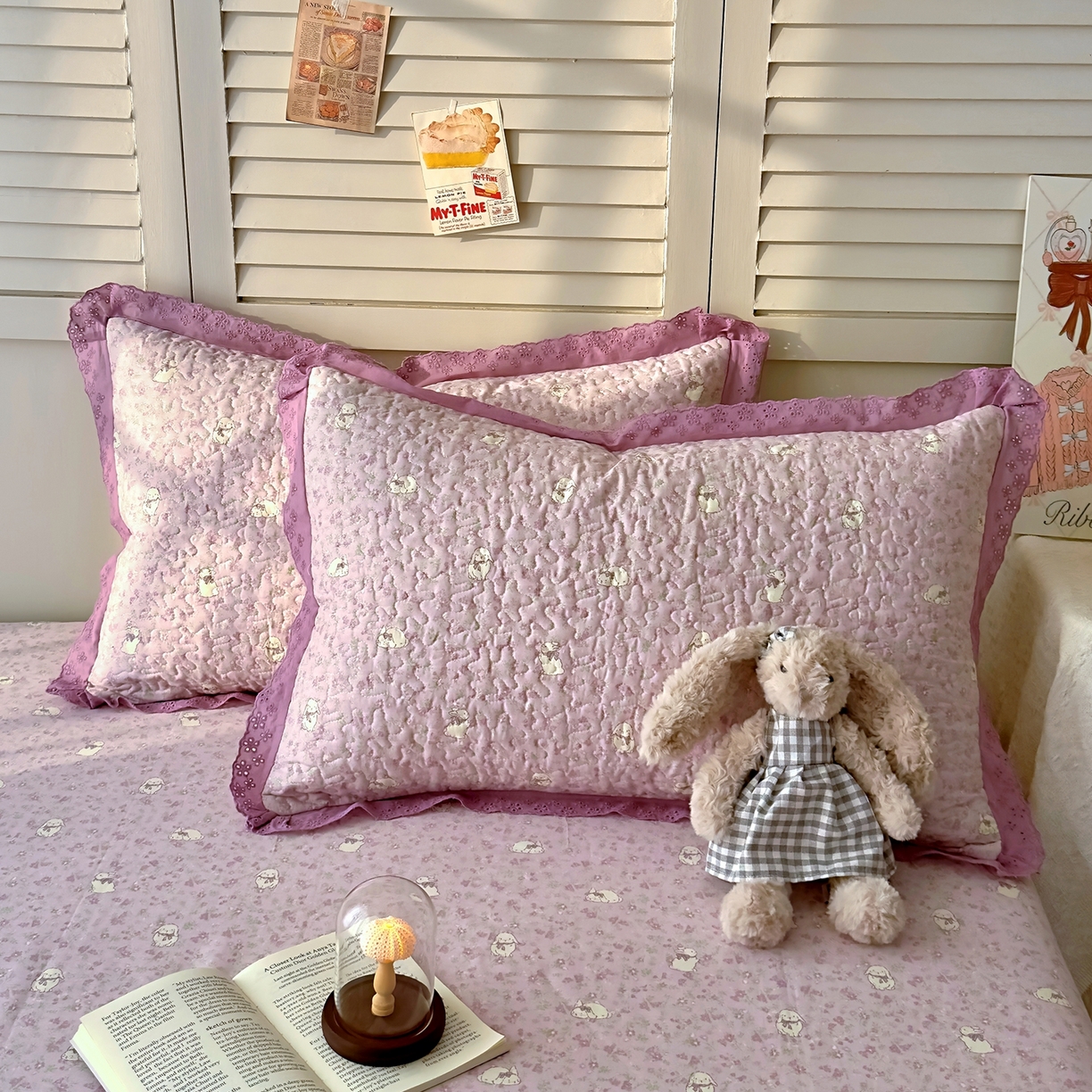 91家纺网 家纺一手货源 找家纺 百寐 2026吸汗防油全棉三层夹棉花边信封加大50*80枕套48*74/40*60枕芯 夹棉-紫小兔