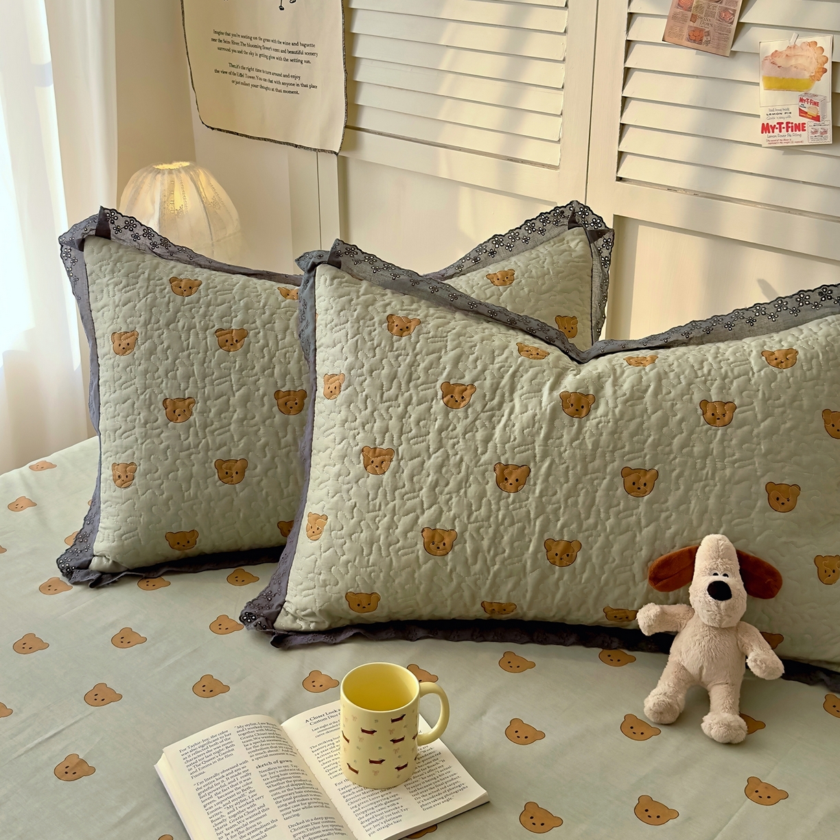 91家纺网 家纺一手货源 找家纺 百寐 2026吸汗防油全棉三层夹棉花边信封加大50*80枕套48*74/40*60枕芯 夹棉-饼干熊