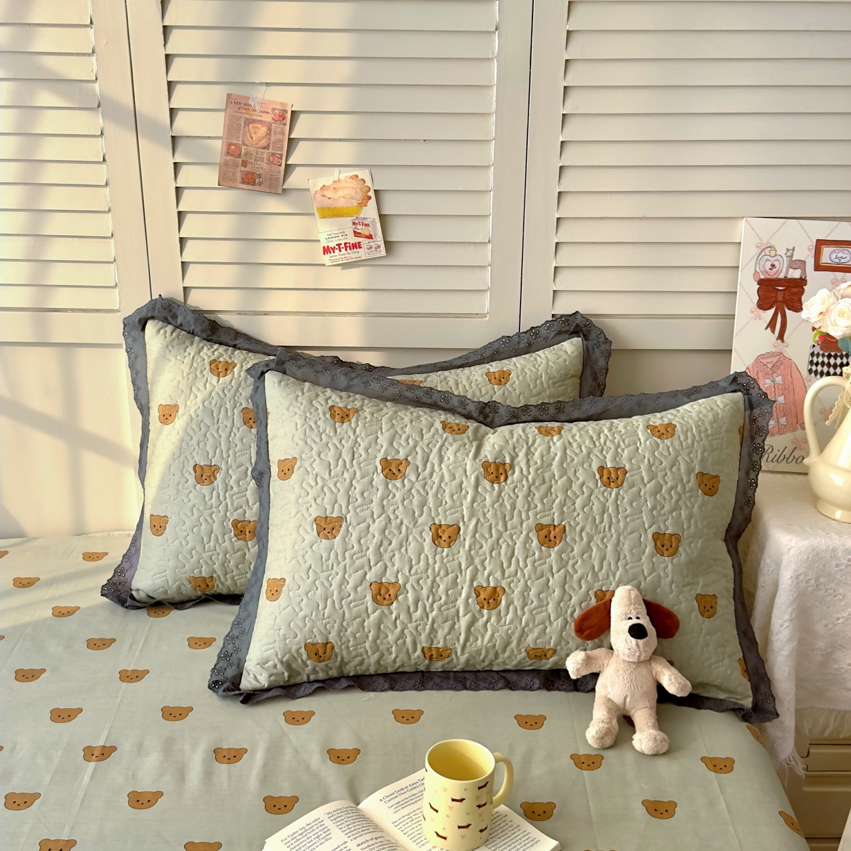 91家纺网 家纺一手货源 找家纺 百寐 2026吸汗防油全棉三层夹棉花边信封加大50*80枕套48*74/40*60枕芯 夹棉-饼干熊