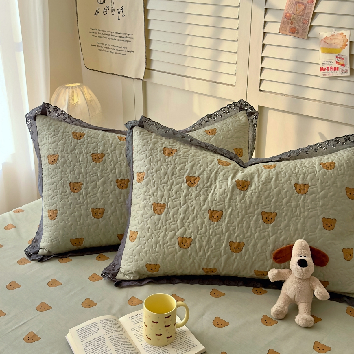 91家纺网 家纺一手货源 找家纺 百寐 2026吸汗防油全棉三层夹棉花边信封加大50*80枕套48*74/40*60枕芯 夹棉-饼干熊