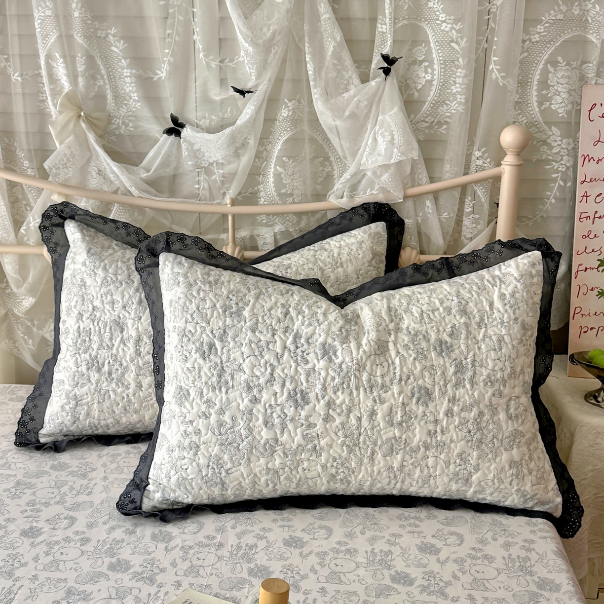 百寐 2026吸汗防油全棉三层夹棉花边信封加大50*80枕套48*74/40*60枕芯 夹棉-布朗熊