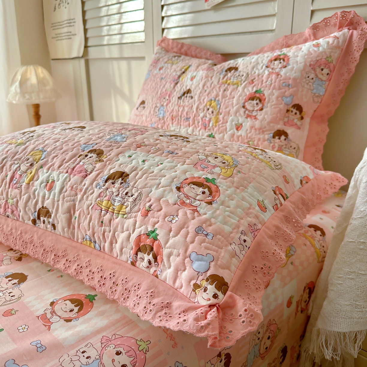 91家纺网 家纺一手货源 找家纺 百寐 2026吸汗防油全棉三层夹棉花边信封加大50*80枕套48*74/40*60枕芯 夹棉-草莓女孩