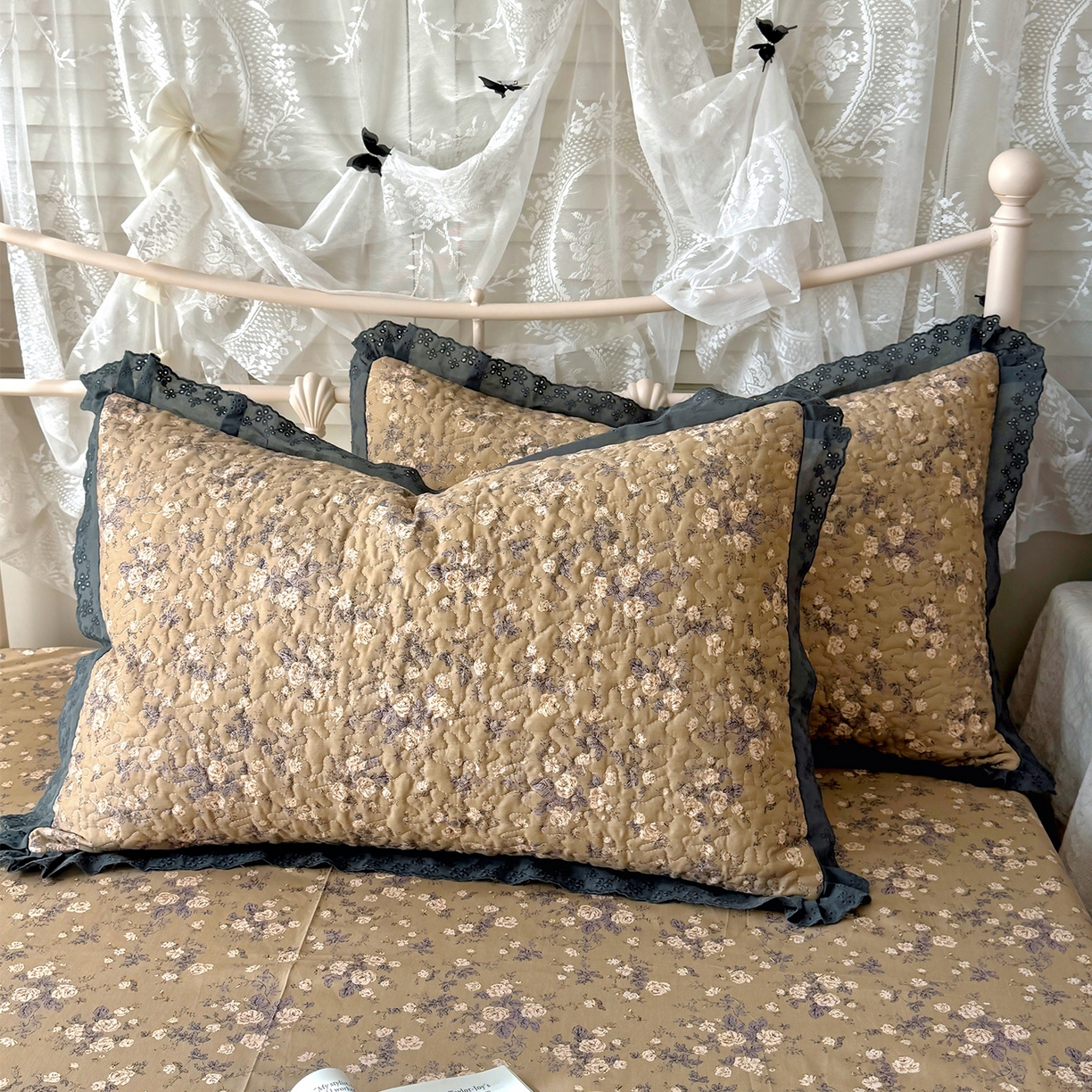 百寐 2026吸汗防油全棉三层夹棉花边信封加大50*80枕套48*74/40*60枕芯 夹棉-朝花夕拾