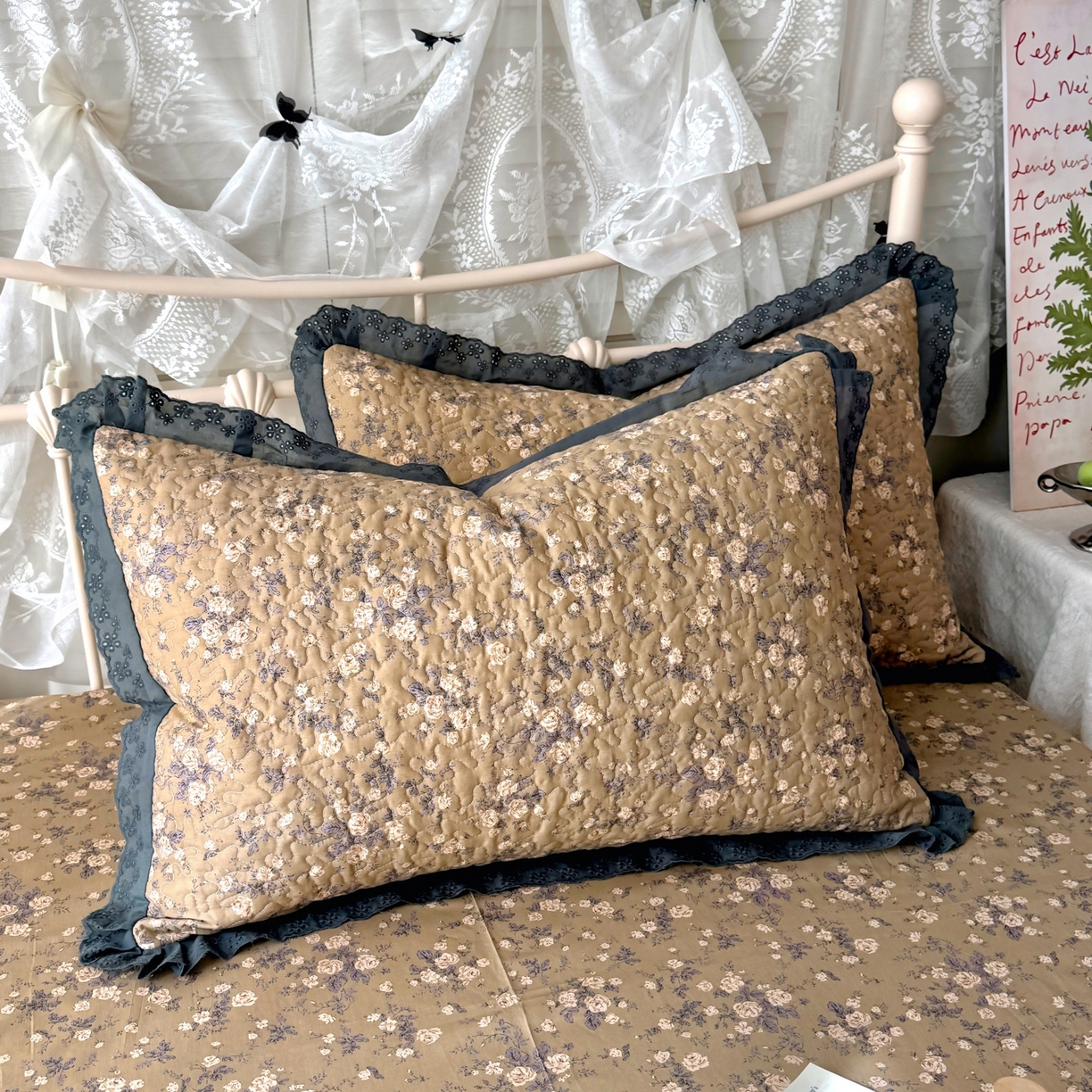 91家纺网 家纺一手货源 找家纺 百寐 2026吸汗防油全棉三层夹棉花边信封加大50*80枕套48*74/40*60枕芯 夹棉-朝花夕拾