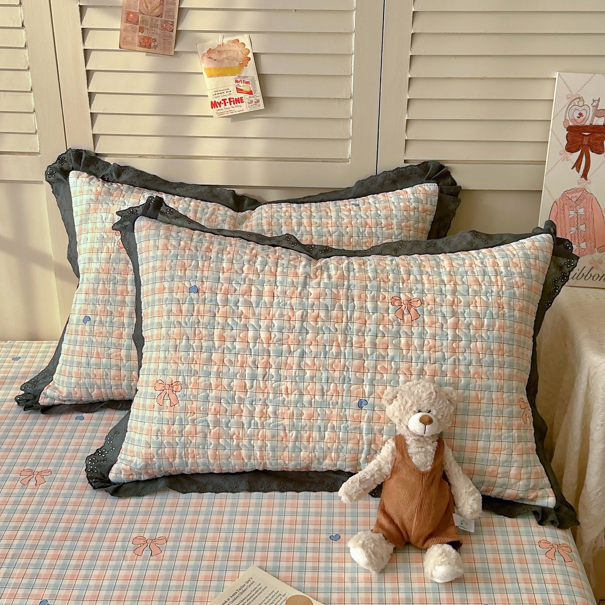 百寐 2026吸汗防油全棉三层夹棉花边信封加大50*80枕套48*74/40*60枕芯 夹棉-蝴蝶结