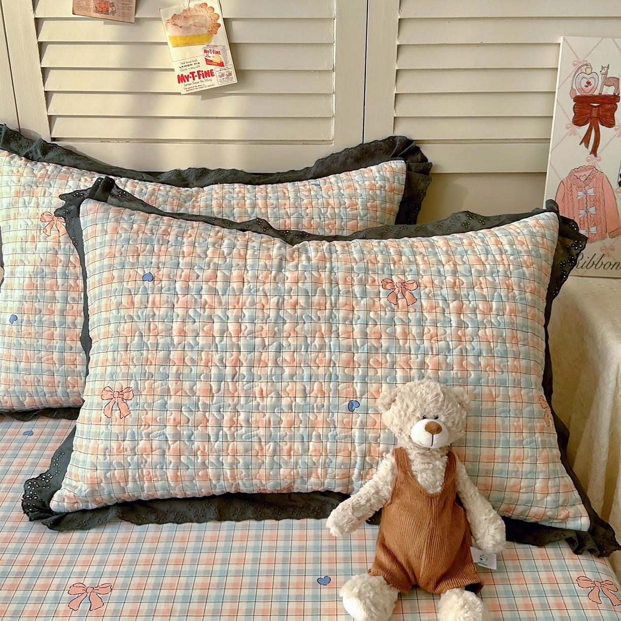 91家纺网 家纺一手货源 找家纺 百寐 2026吸汗防油全棉三层夹棉花边信封加大50*80枕套48*74/40*60枕芯 夹棉-蝴蝶结