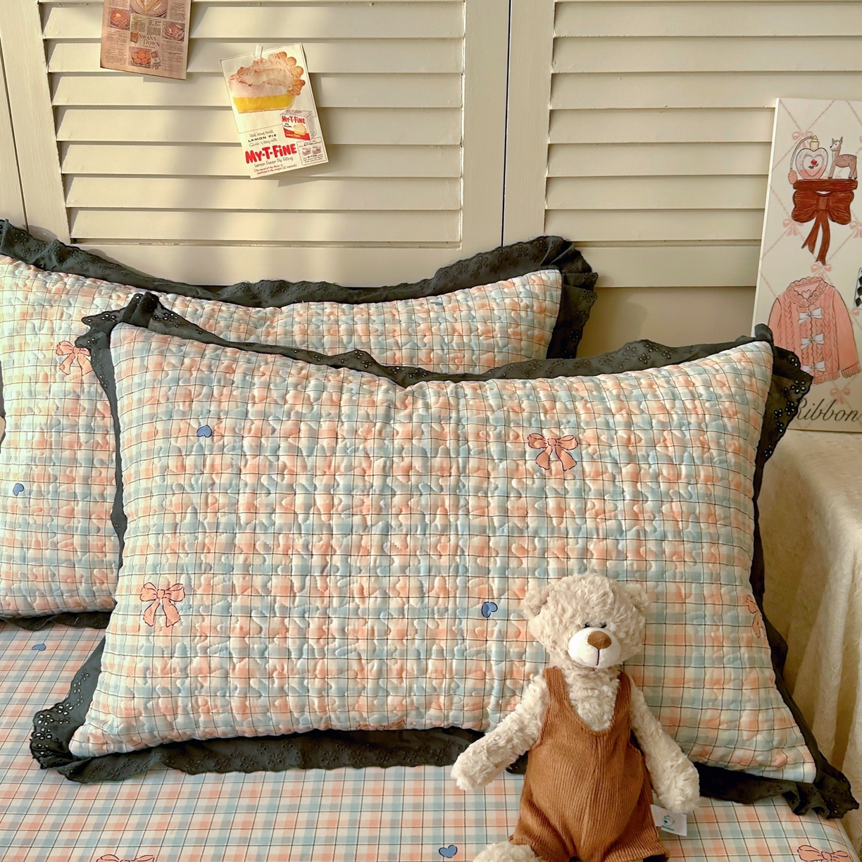 91家纺网 家纺一手货源 找家纺 百寐 2026吸汗防油全棉三层夹棉花边信封加大50*80枕套48*74/40*60枕芯 夹棉-蝴蝶结