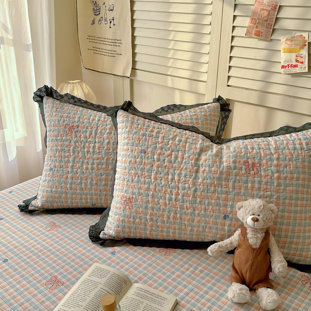 91家纺网 家纺一手货源 找家纺 百寐 2026吸汗防油全棉三层夹棉花边信封加大50*80枕套48*74/40*60枕芯 夹棉-蝴蝶结