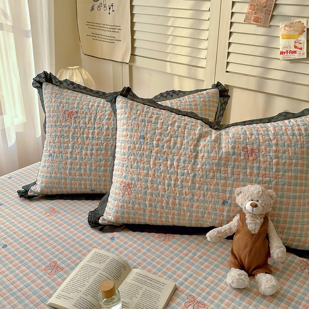 91家纺网 家纺一手货源 找家纺 百寐 2026吸汗防油全棉三层夹棉花边信封加大50*80枕套48*74/40*60枕芯 夹棉-蝴蝶结