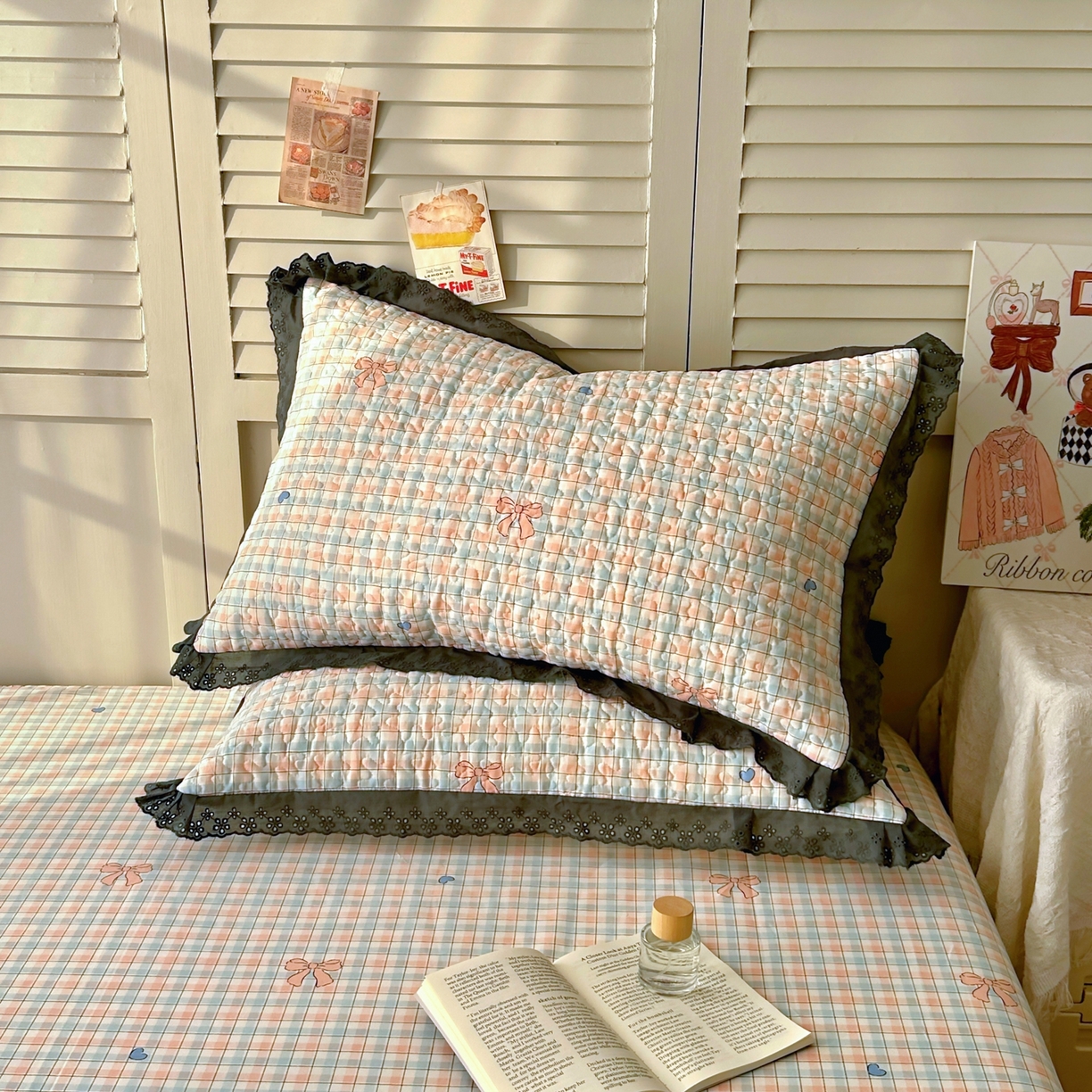 91家纺网 家纺一手货源 找家纺 百寐 2026吸汗防油全棉三层夹棉花边信封加大50*80枕套48*74/40*60枕芯 夹棉-蝴蝶结