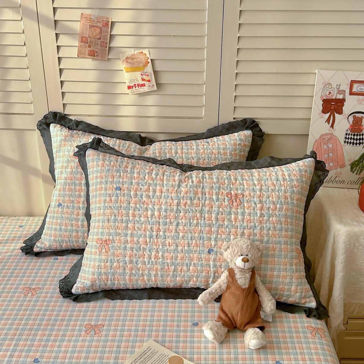 91家纺网 家纺一手货源 找家纺 百寐 2026吸汗防油全棉三层夹棉花边信封加大50*80枕套48*74/40*60枕芯 夹棉-蝴蝶结