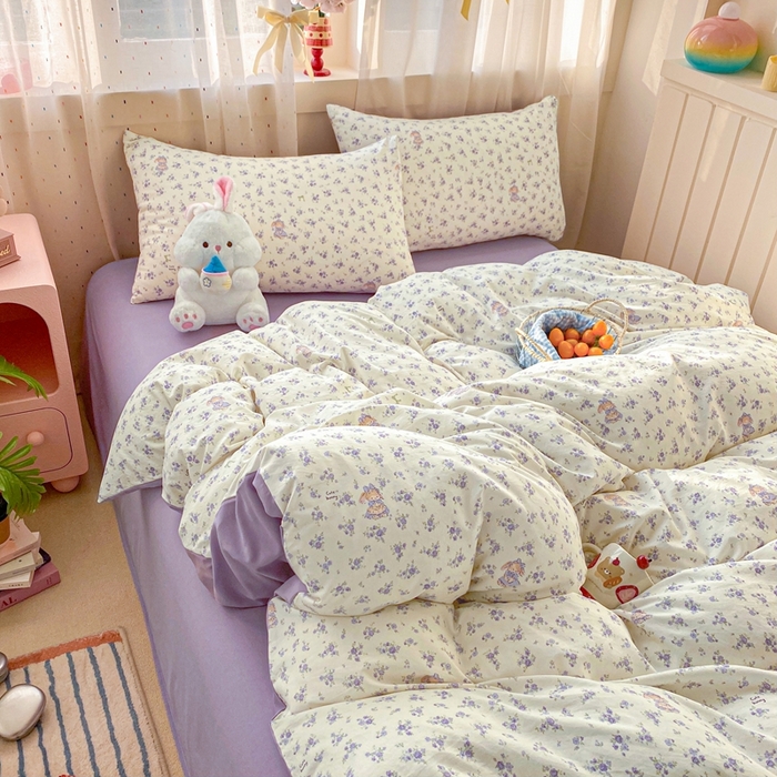 91家纺网 家纺一手货源 找家纺 卢赛尔 2026新款古法水洗仿棉云感棉学生三件套四件套 海盐小花