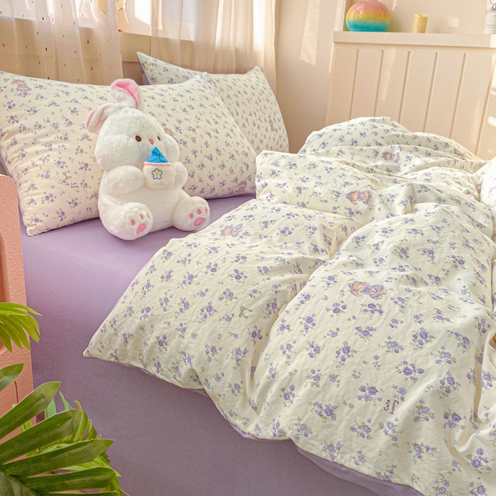 91家纺网 家纺一手货源 找家纺 卢赛尔 2026新款古法水洗仿棉云感棉学生三件套四件套 海盐小花