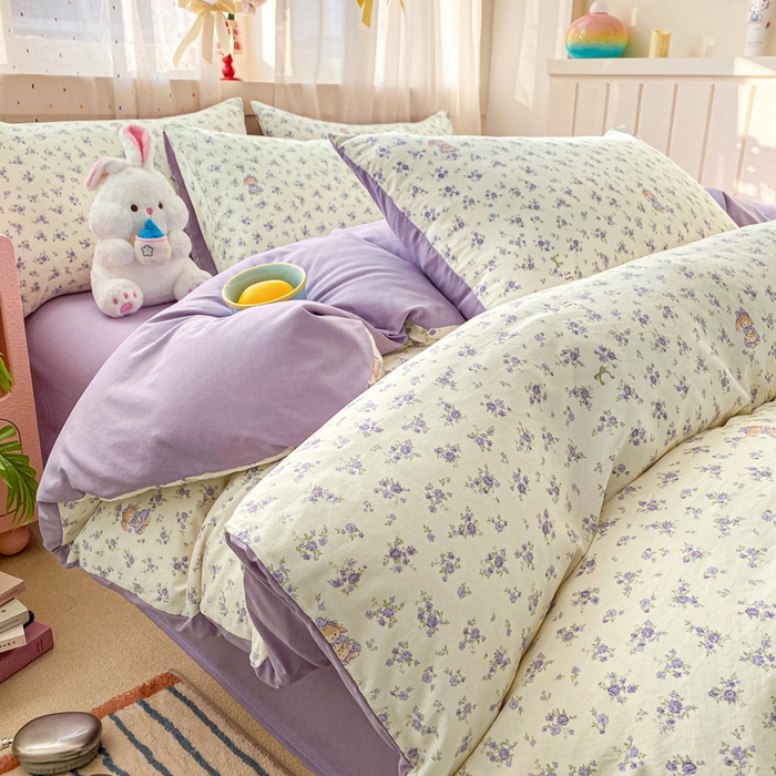 卢赛尔 2026新款古法水洗仿棉云感棉学生三件套四件套 海盐小花