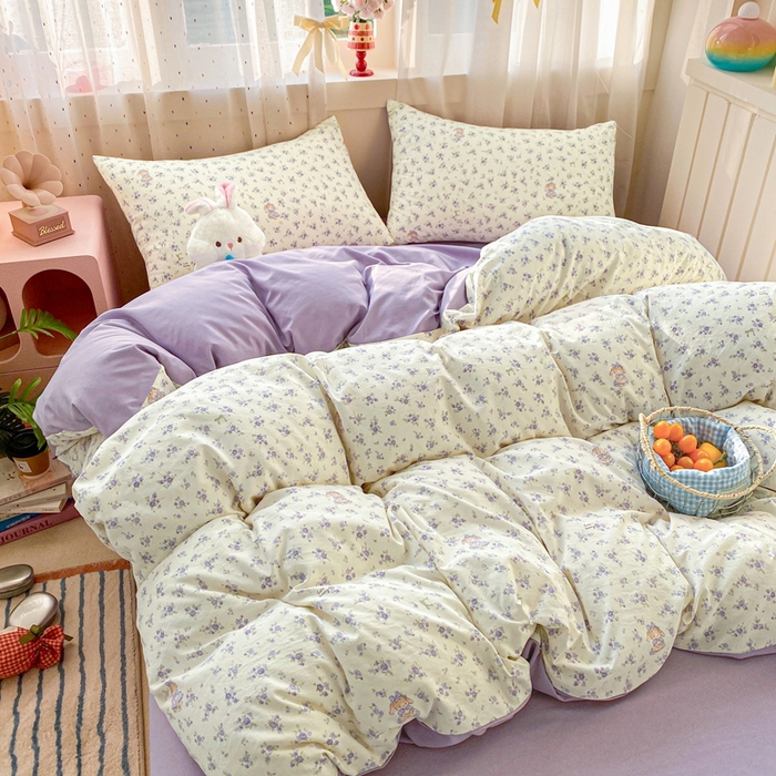 91家纺网 家纺一手货源 找家纺 卢赛尔 2026新款古法水洗仿棉云感棉学生三件套四件套 海盐小花