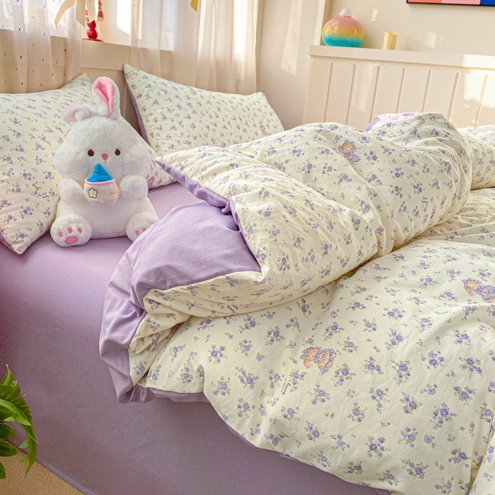 91家纺网 家纺一手货源 找家纺 卢赛尔 2026新款古法水洗仿棉云感棉学生三件套四件套 海盐小花