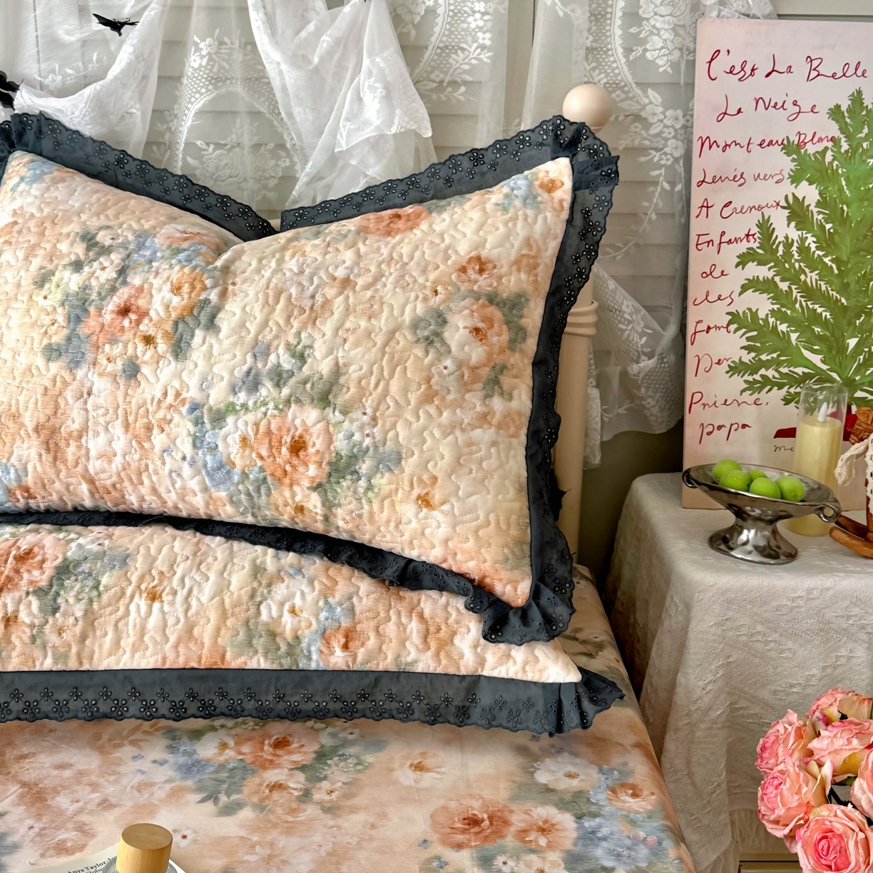 91家纺网 家纺一手货源 找家纺 百寐 2026吸汗防油全棉三层夹棉花边信封加大50*80枕套48*74/40*60枕芯 夹棉-锦绣