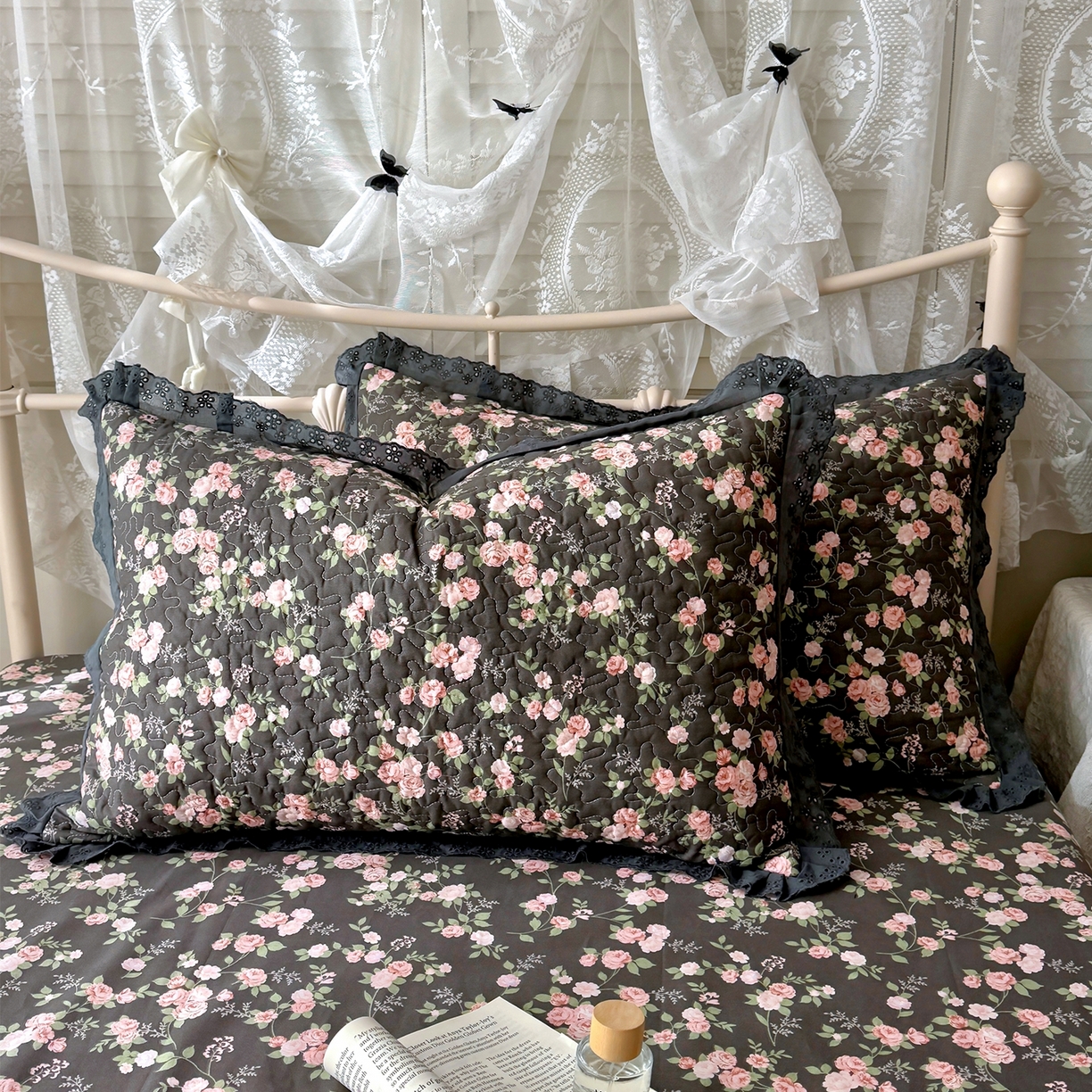 百寐 2026吸汗防油全棉三层夹棉花边信封加大50*80枕套48*74/40*60枕芯 夹棉-墨池玫瑰