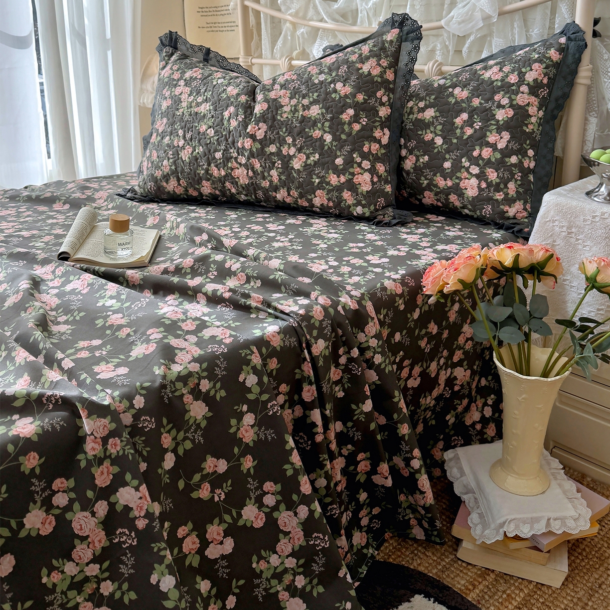 91家纺网 家纺一手货源 找家纺 百寐 2026吸汗防油全棉三层夹棉花边信封加大50*80枕套48*74/40*60枕芯 夹棉-墨池玫瑰