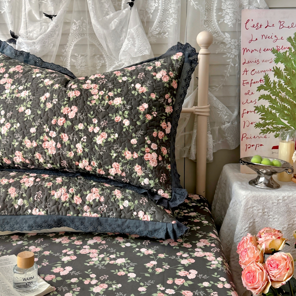 91家纺网 家纺一手货源 找家纺 百寐 2026吸汗防油全棉三层夹棉花边信封加大50*80枕套48*74/40*60枕芯 夹棉-墨池玫瑰