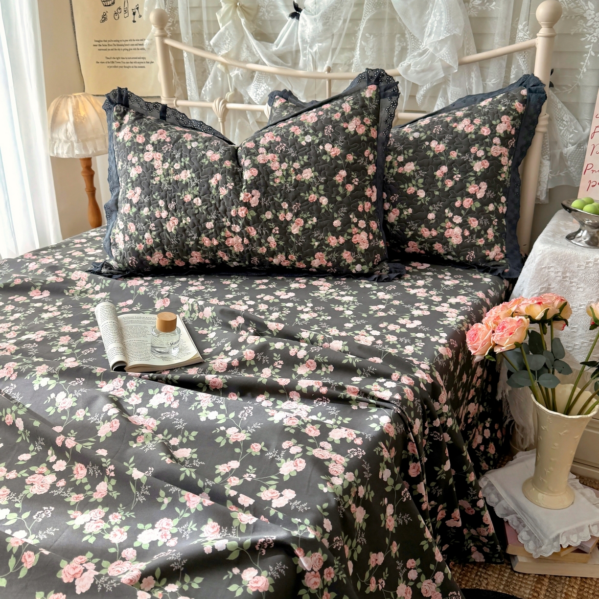 91家纺网 家纺一手货源 找家纺 百寐 2026吸汗防油全棉三层夹棉花边信封加大50*80枕套48*74/40*60枕芯 夹棉-墨池玫瑰