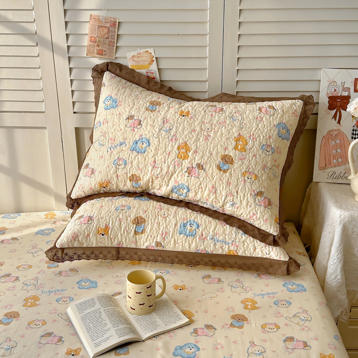 91家纺网 家纺一手货源 找家纺 百寐 2026吸汗防油全棉三层夹棉花边信封加大50*80枕套48*74/40*60枕芯 夹棉-泡芙狗